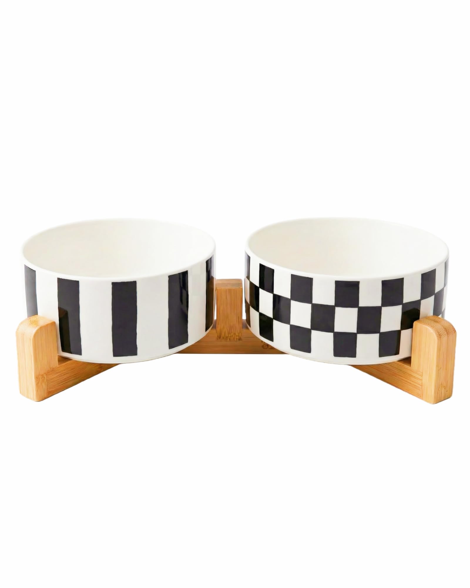 TRUVIC Ceramic Dog Bowl Set of 2 with Wood Stand, Black and White Checkered & Striped Dog Food and Water Bowl Set, 3.5 Cup/28 oz