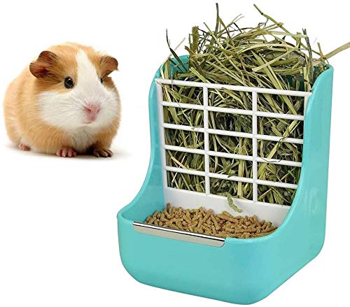 Rabbit Supplies With Bowl & Hay Feeder - Accessories For Bunnies & Guinea Pigs, 6X6X7 Inches (Blue)