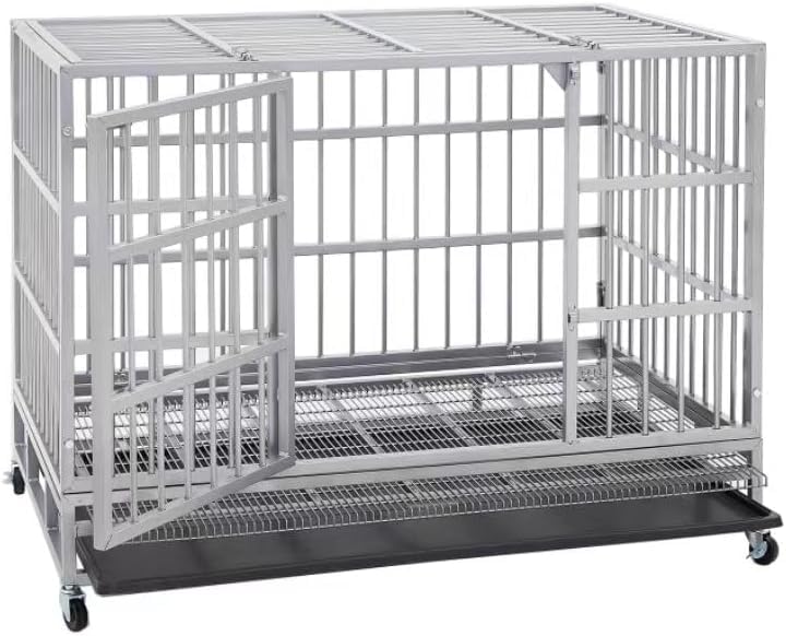 48 Inch Heavy Duty Dog Crate Cage with Wheels, Indestructible and Escape Proof Steel Kennel Indoor for High Anxiety Dogs with St
