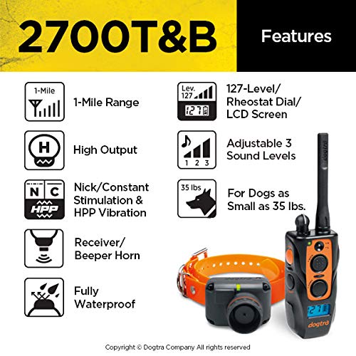 Dogtra 2700 T&B 1-Dog Remote Training And Beeper Collar - 1 Mile Range, Fully Waterproof, Rechargeable, Static, Vibration - Incl