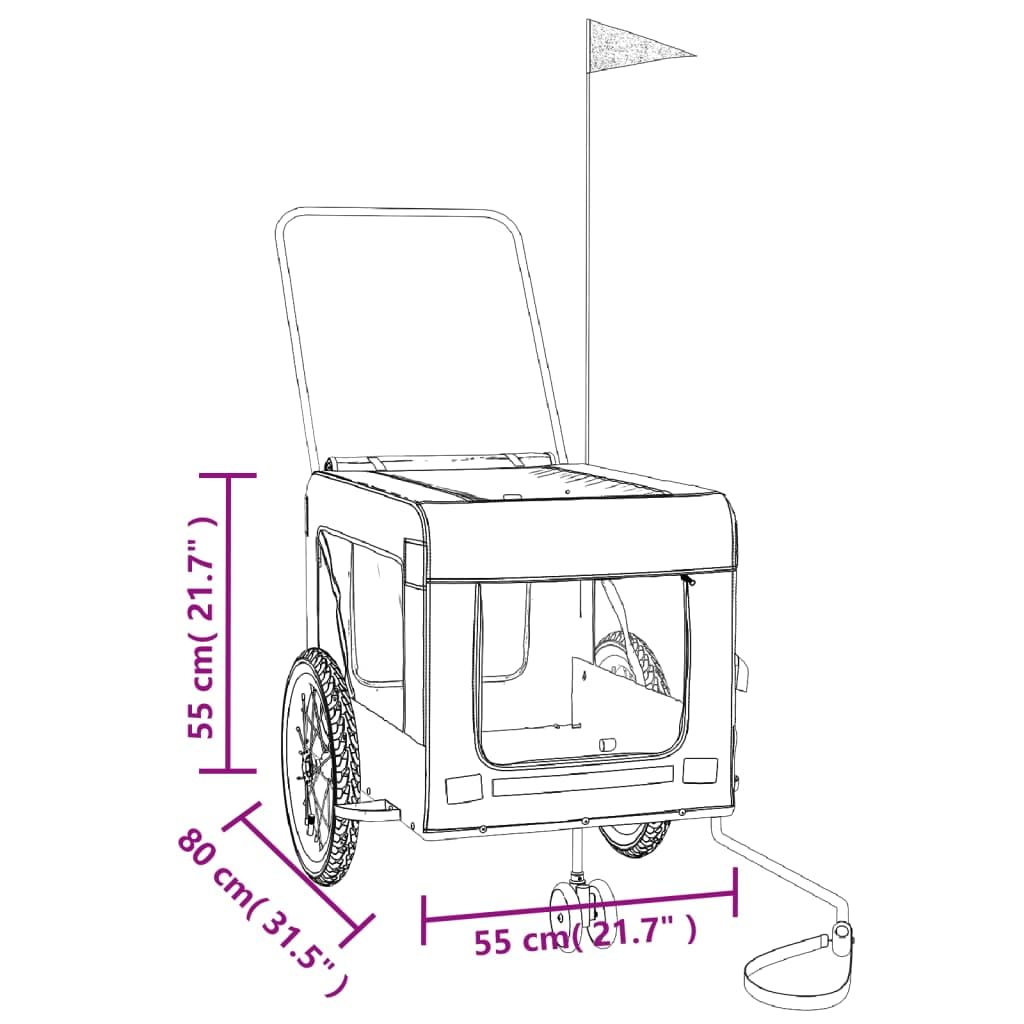 vidaXL Pet Bike Trailer-Gray/Black-Iron Frame Oxford Fabric-PVC Cover-Multiple Air Vents-Reflective Safety Features