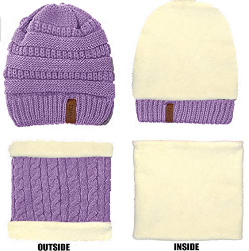Girls Winter Hat Scarf Gloves Set For Cold Weather, Kids Beanie Hat Infinity Scarf Knitted Gloves Sets Purple Knit Thick Warm Fl