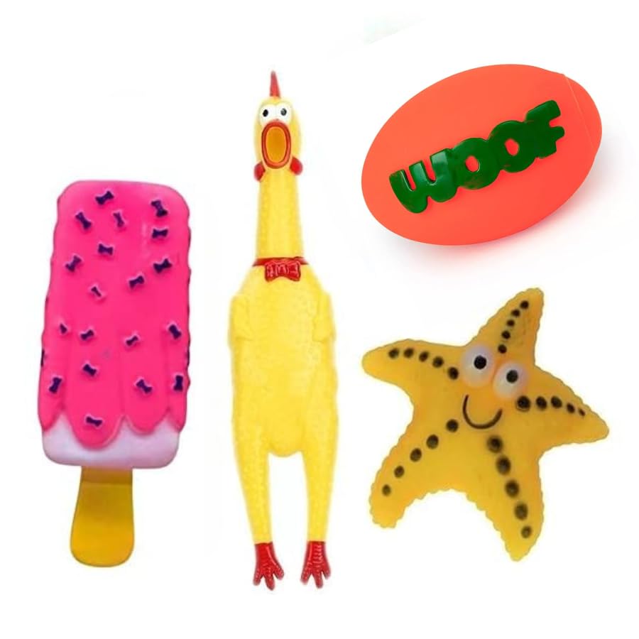 Dog Trust Soft Latex Rubber Combo Pack Interactive Squeaky  IceCream/Small Chicken/Rugby And Star Fish Toy Set Ideal For Dogs 