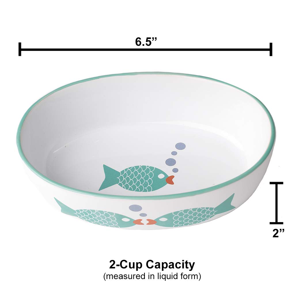 Petrageous 13057 Bubble Fish Oval Dishwasher-Safe Stoneware Cat Bowl 6.5-Inch Long 4-Inch Wide 2-Inch Tall 2-Cups Capacity For Small Cats Or Large Cats, White