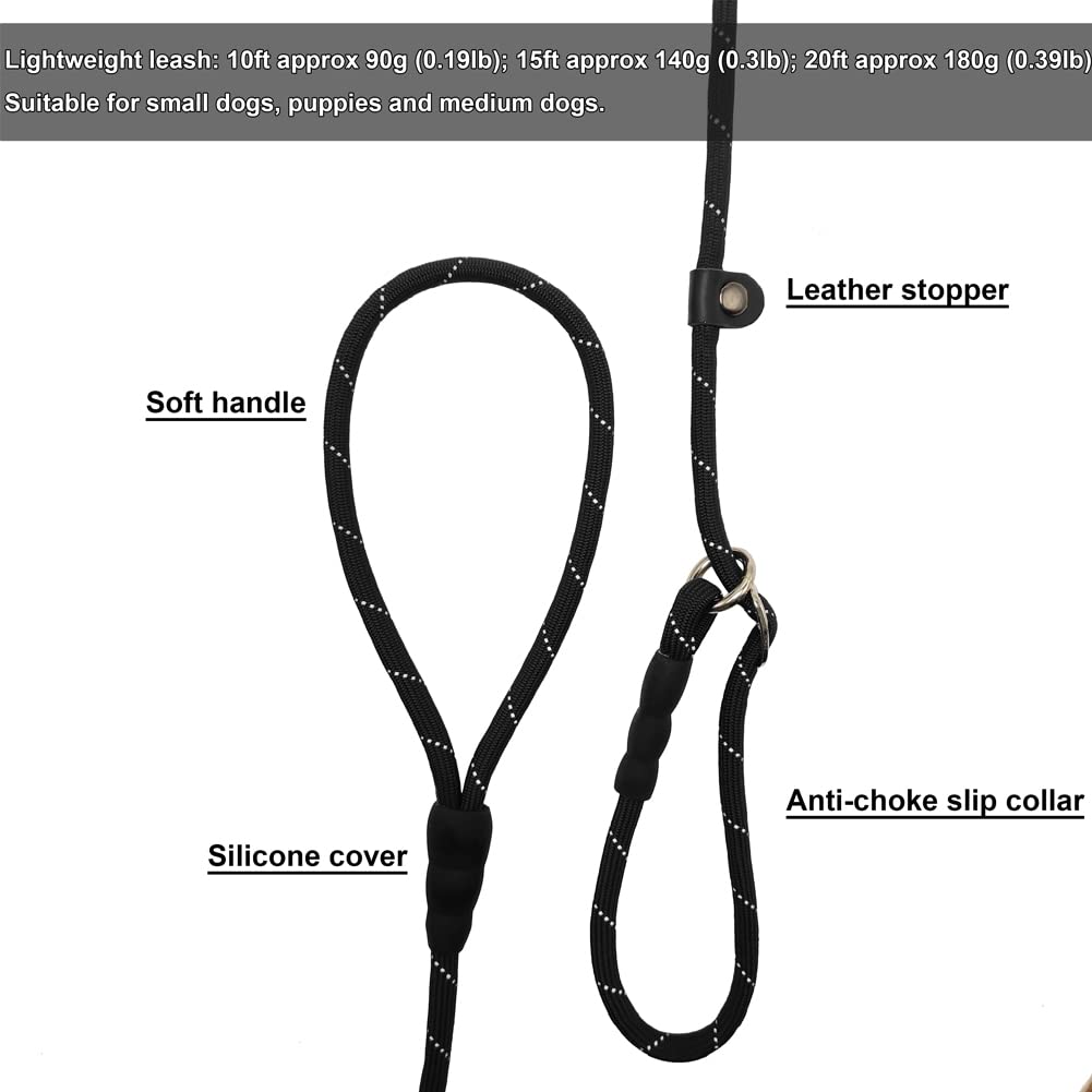 BTINESFUL Anti-Choke Slip Lead Dog Leash, Reflective Nylon 10FT, Black for Small Medium Dogs