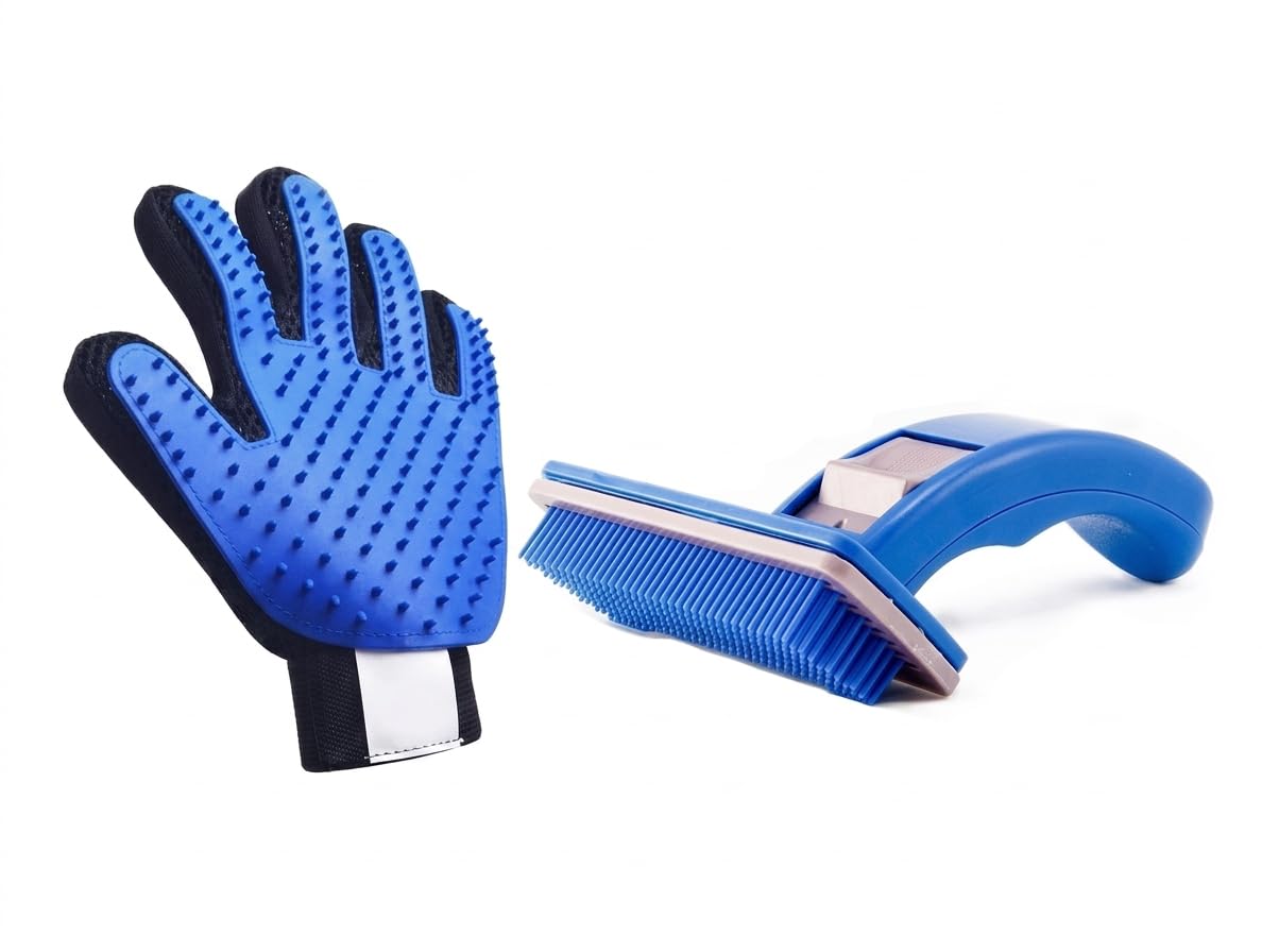 Pet Needs Pet Grooming Self Cleaning Dog Brush and Deshedding Glove Set, Blue, for Dogs and Cats