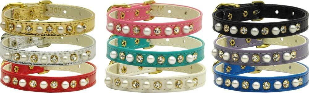 Dog, Puppy and Pet Collar, 3/8&quot; Wide Pearl & Clear Crystals White 10