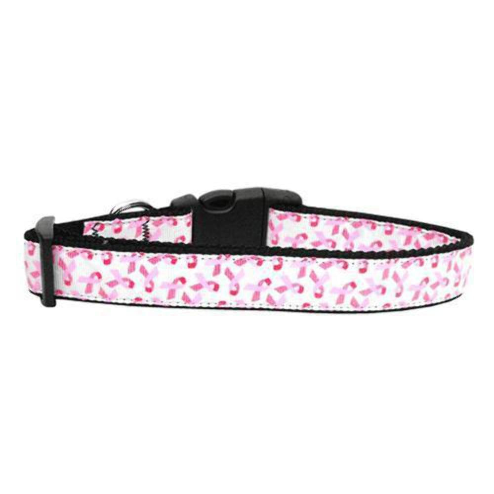 Pet Dog & Cat Nylon Collar or Leash, &quot;Pink Ribbons On White&quot; MD Collar