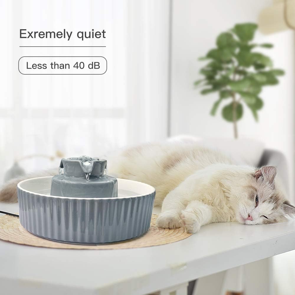 VinDox 2.1L Ceramic Cat Water Fountain - 70 Oz Capacity, Whisper-Quiet, Grey, Model PT-34, Ideal for Shy Pets