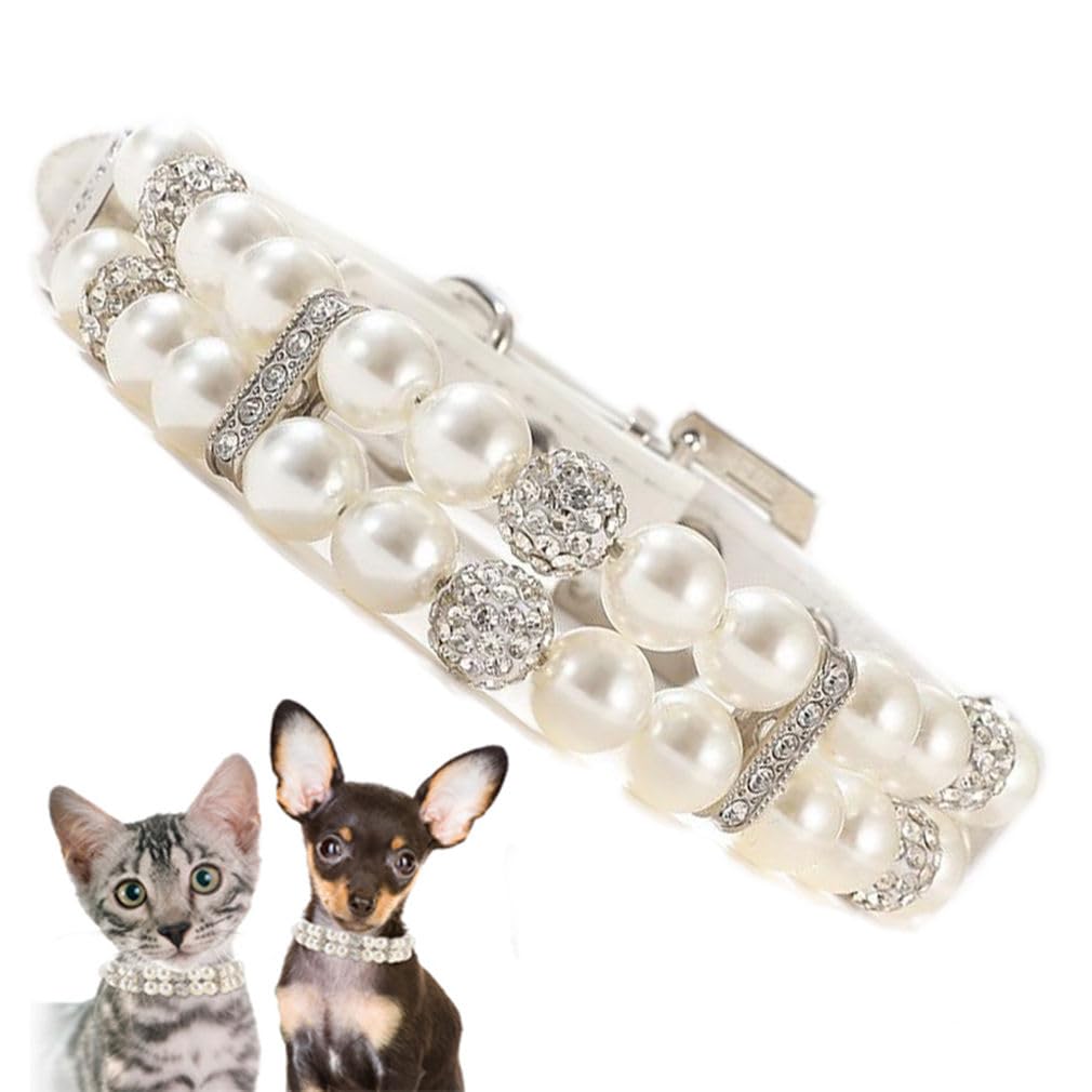 White Pearl Dog Collars For Small Dogs, Fancy Crystal Bling Pearl Cat Collar Rhinestone Luxury Beaded Puppy Necklace Diamond Gir