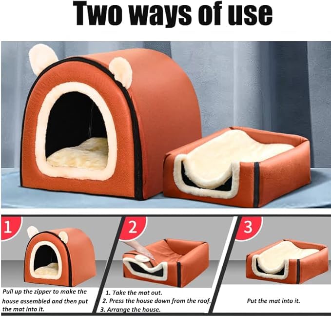 Dog Bed Or Cat Bed,2 Ways To Use,Indoor Pet House With Fluffy Mat,Removable And Washable Cover,Splash-Proof House And Non-Slip B