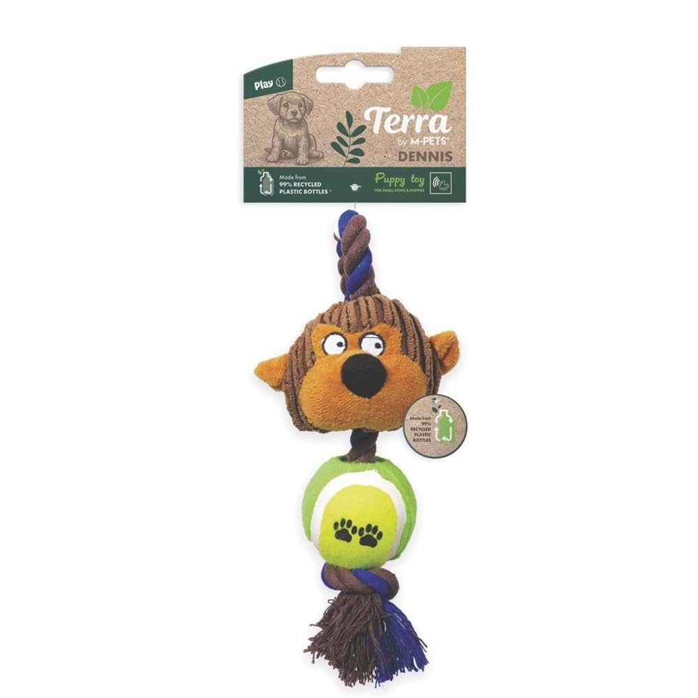 MPETS Dennis Eco Dog Toy, 100% Recycled Plastic with Squeaker & Cotton Rope, Fun Fetch Ball for Puppies, Safe, NonToxic, Durab