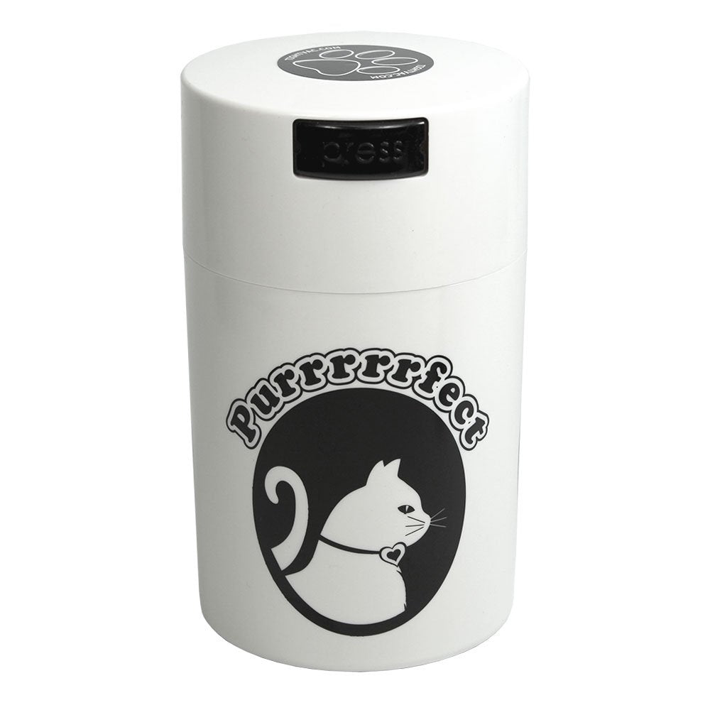 Pawvac 6 Ounce Vacuum Sealed Pet Food Storage Container; White Cap & Body/Black Cat