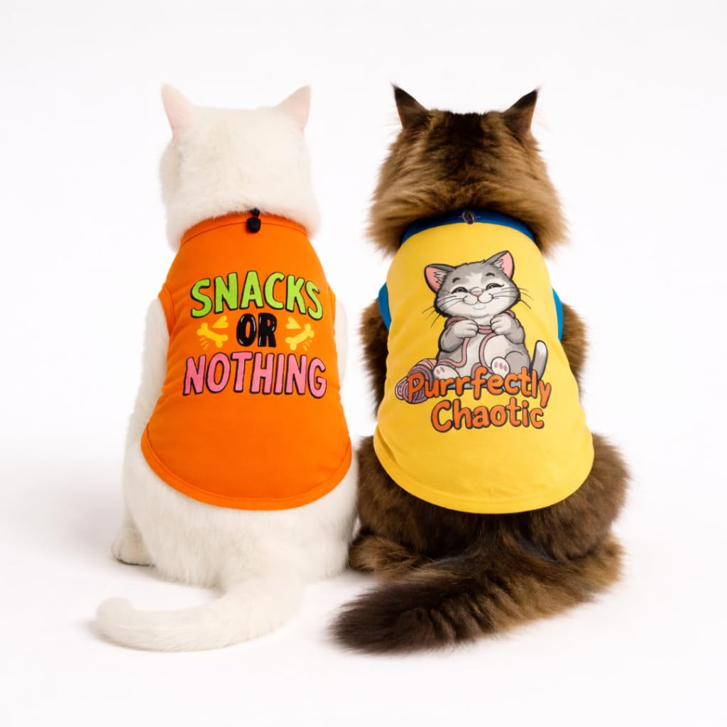Thunder Tails Cat TShirt For Indie, Bengal & Bombay Persian Of Upto 3Kg | Pack Of 2 Soft Cotton Clothes With Stretch Fit & Brea