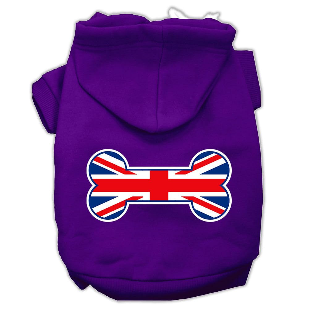 Pet, Dog & Cat Hoodie Screen Printed, 'Bone Shaped Flag United Kingdom (Union Jack) Flag' Purple 3Xl (25-35 Lbs.)