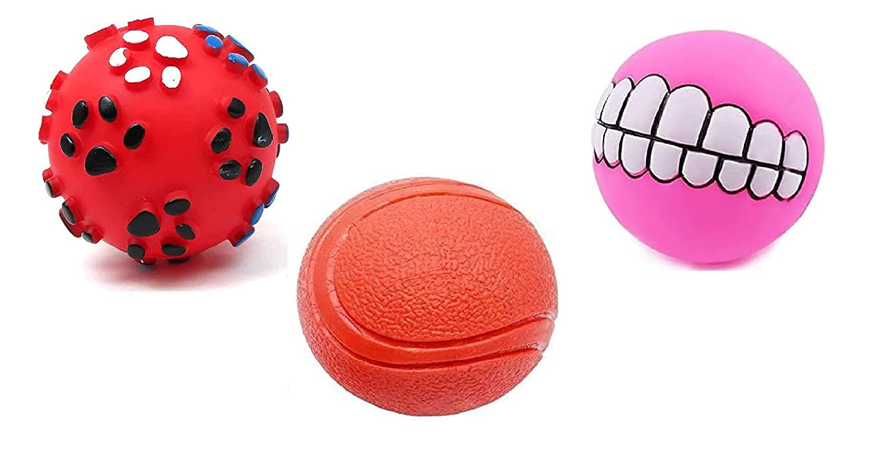 Pet Guard Dog Ball And Squeaky Toys 3 In 1 Combo For Dogs Puppy Cats (Paw Print+Hard Rubber Ball+Funny Teeth Ball