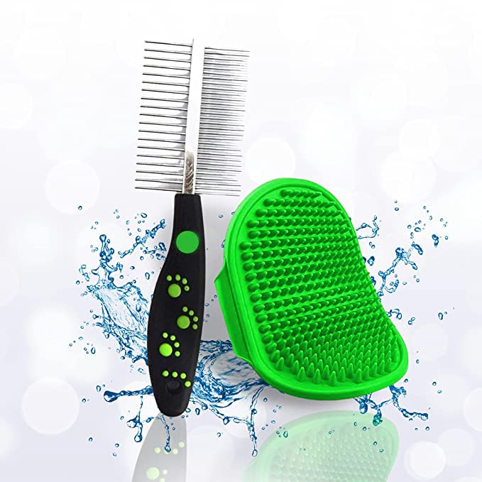 Pups&Pets Pet Grooming Double Sided Steel Comb And Pet Shampoo Brush For Bathing Hand Brush With Rubber Bristles For Dogs And Ca