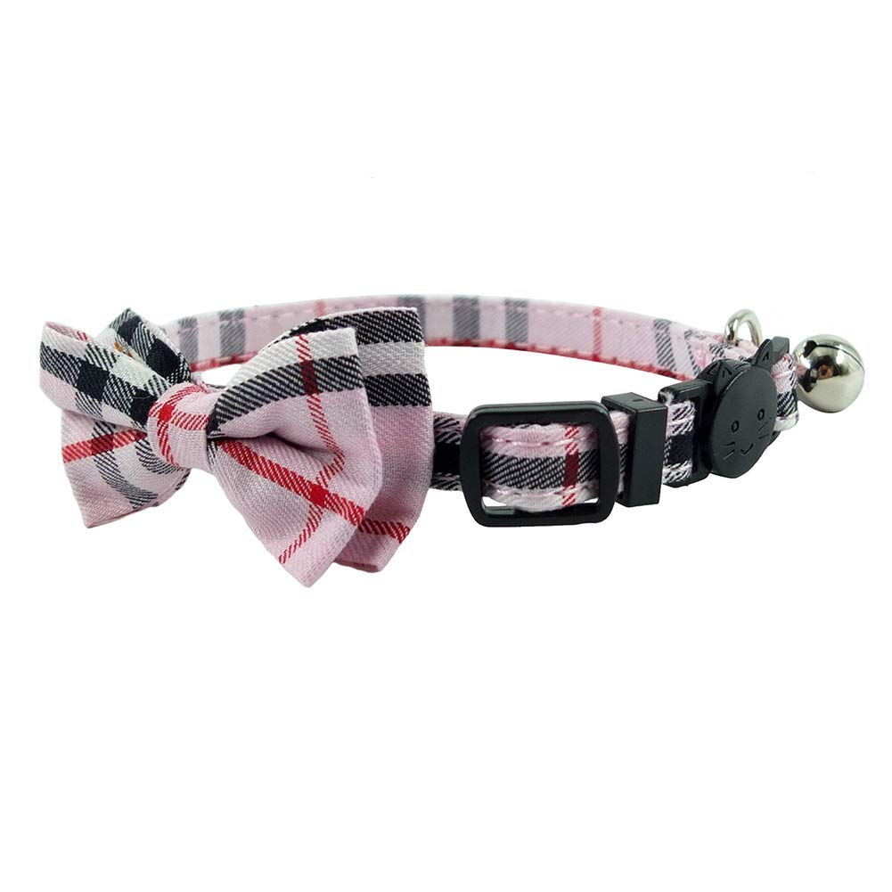 Cat Collar Breakaway with Bell and Bow Tie, Plaid Design Adjustable Safety Kitty Kitten Collars(6.8-10.8in) (Pink Plaid 1)