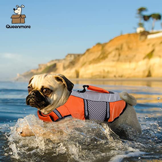 Dog Life Jacket Swimming Vest Lightweight High Reflective Pet Lifesaver With Lift Handle, Leash Ring Orange,L
