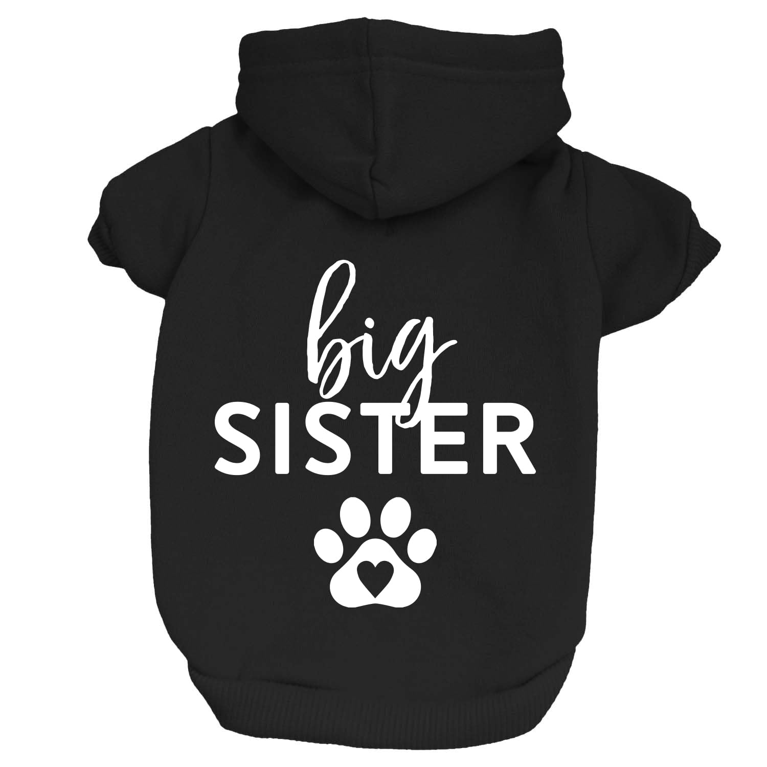 Big Sister Heart Paw Pullover Fleece Lined Dog Hoodie (Black Hooded Sweatshirt)