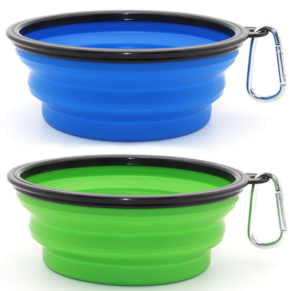 Dog Bowl Pet Collapsible Bowls, 2 Pack Collapsible Dog Water Bowls For Cats Dogs, Portable Pet Feeding Watering Dish For Walking Parking Traveling With 2 Carabiners (Large, Blue+Green)