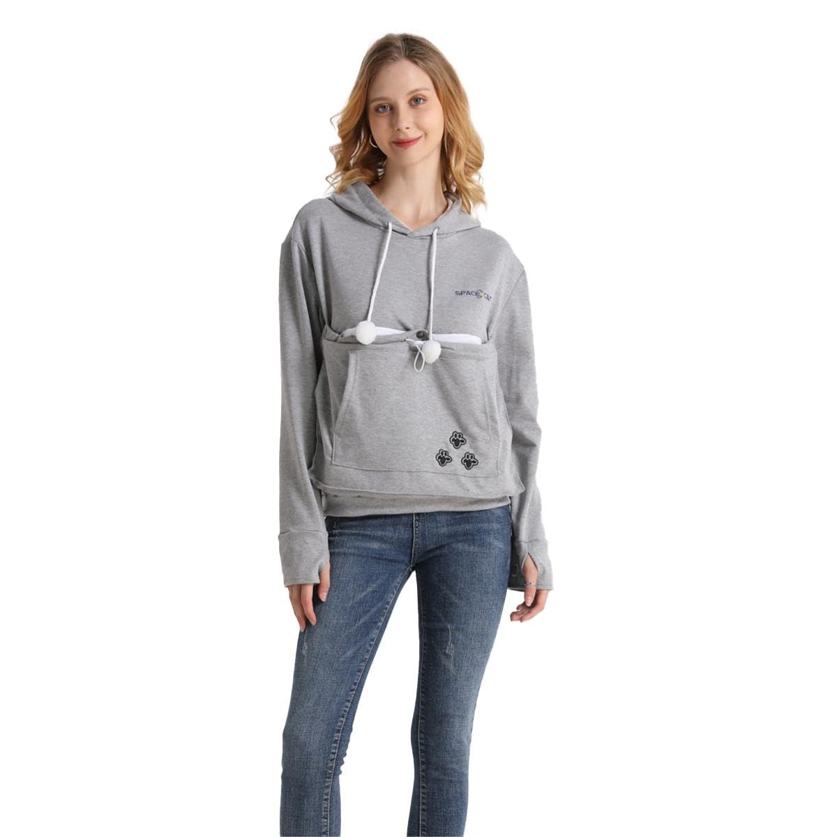 Linyuchen Cat Dog Pouch Hoodie Large Pet Pouch Sweatshirt Puppy Kitten Holder Carrier Pullover Top For Women Light Grey