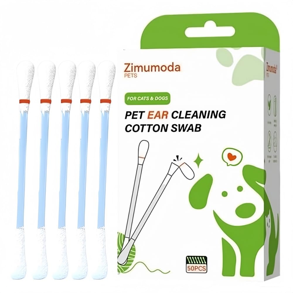 zimumoda 50 Pcs 2-in-1 Pet Ear Cleaning Cotton Swabs for Dogs & Cats - Essential Oil Infused Cat Ear Cleaner - Gentle Ear Wax Re