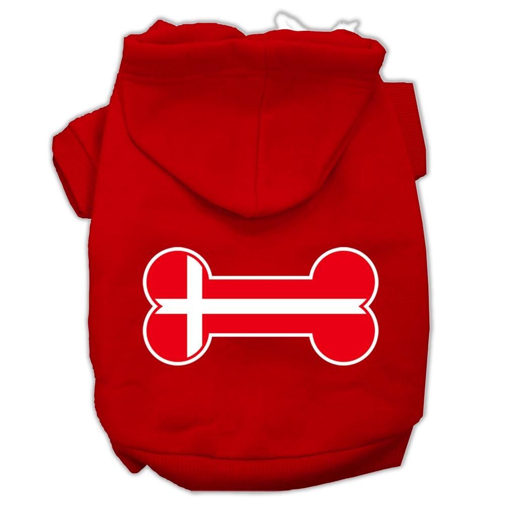 Pet, Dog & Cat Hoodie Screen Printed, 'Bone Shaped Denmark Flag' Red Sm (3-6 Lbs.)