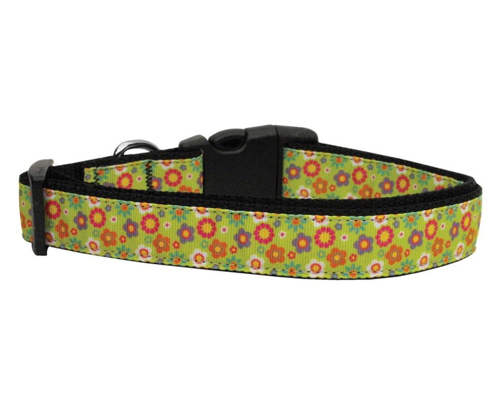 Pet Dog & Cat Nylon Collar or Leash, &quot;Lime Green Spring Flowers&quot; MD Narrow Collar