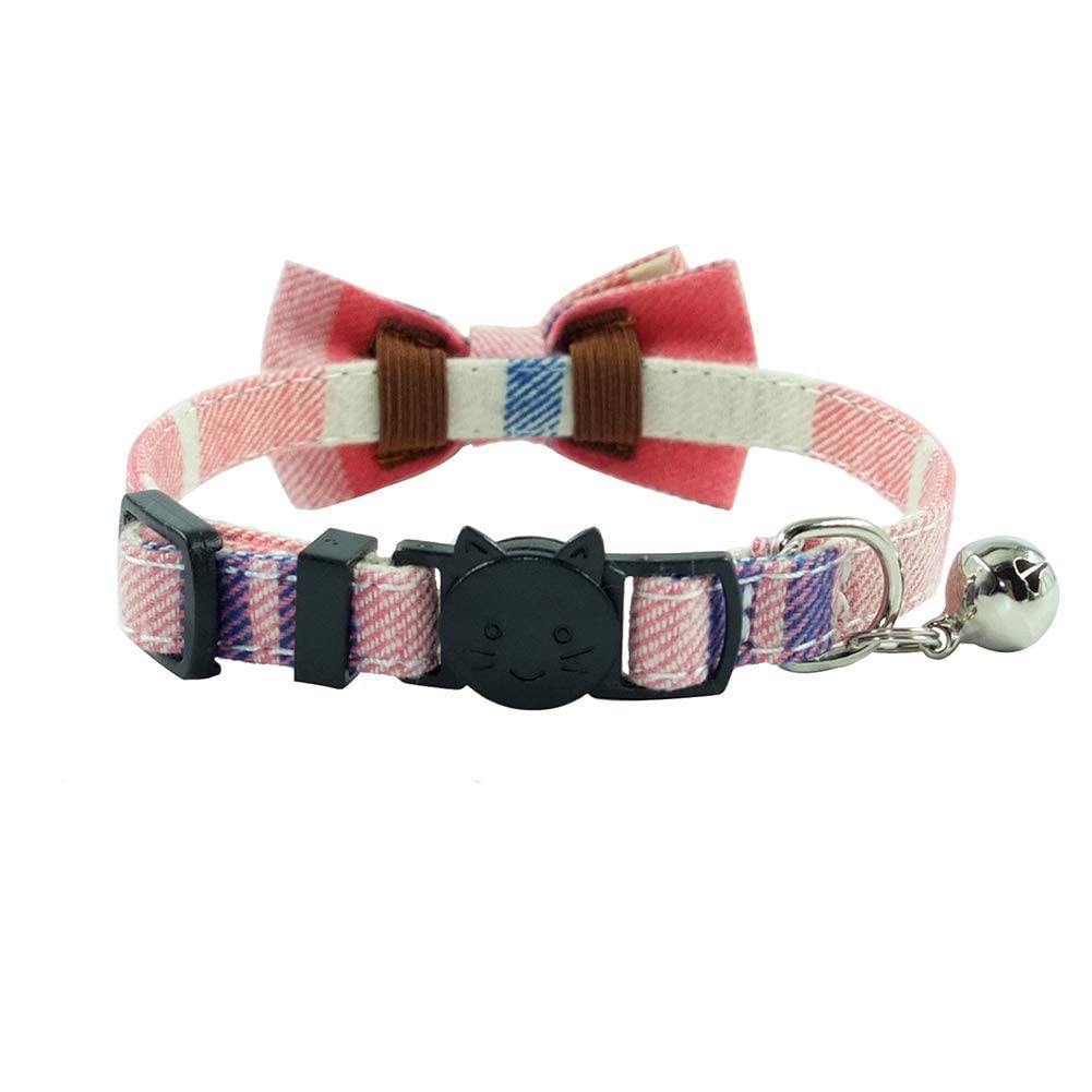 Cat Collar Breakaway With Bell And Bow Tie, Plaid Design Adjustable Safety Kitty Kitten Collars(6.8-10.8In)(Pink Plaid 2)
