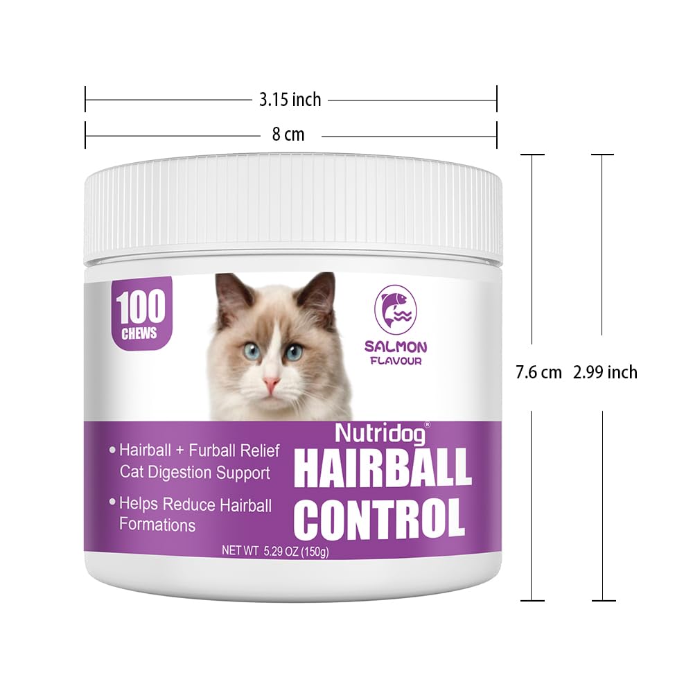 Nutridog Hairball Treats for Cats - Hairball Remedy Chews with Omega 3&6, Psyllium Husk, Zinc & Biotin - Salmon Flavor for Hairb