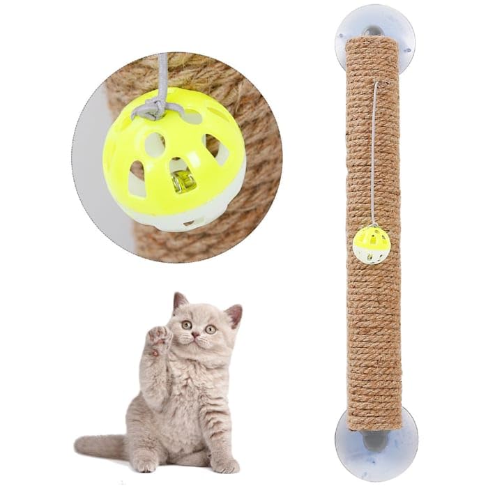 Pet Life Stick N Claw Sisal Rope and Toy Suction Cup Stick Shaped Cat Scratcher, Brown