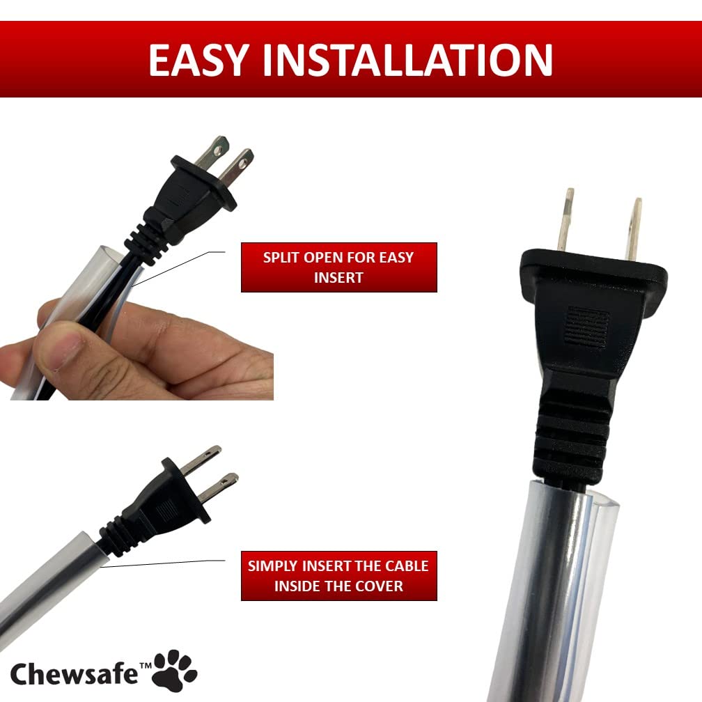 Chewsafe Cord Cover - Pet Chewing Deterrent - 10 Feet Long - Clear - 3/8 - 1/2 Wide | Discourages & Protects Pets That Chew Hazardous Wires
