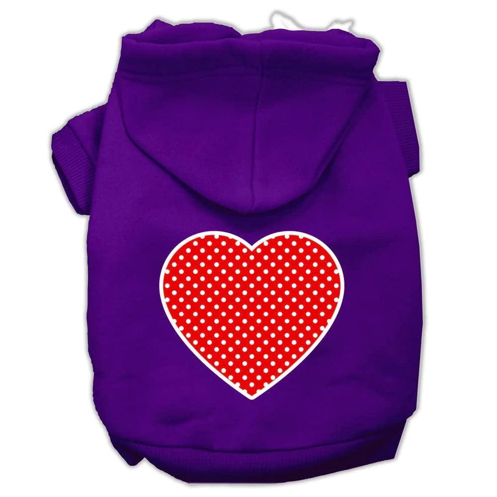 Pet Dog & Cat Hoodie Screen Printed, 'Red Swiss Dots Heart' Purple Md (6-10 Lbs.)