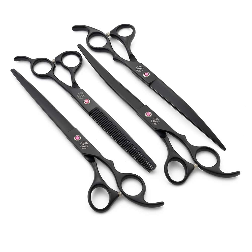 Moontay Professional 8.0' Dog Grooming Scissors Set, 4-Pieces Straight, Upward Curved, Downward Curved, Thinning/Blending Shears For Dog, Cat And Pets, Jp Stainless Steel, Black