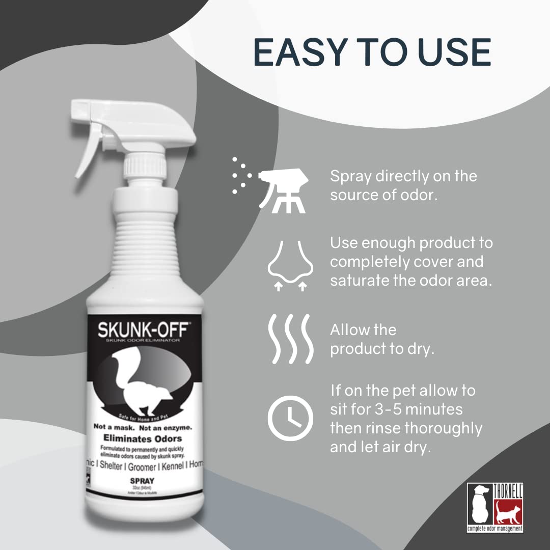 Skunk Off Odor Eliminator Pet Spray 32Oz - Safe For Head & Face - Ready To Use Skunk Odor Remover. Non-Enzymatic Formula Safe For Pets & People.