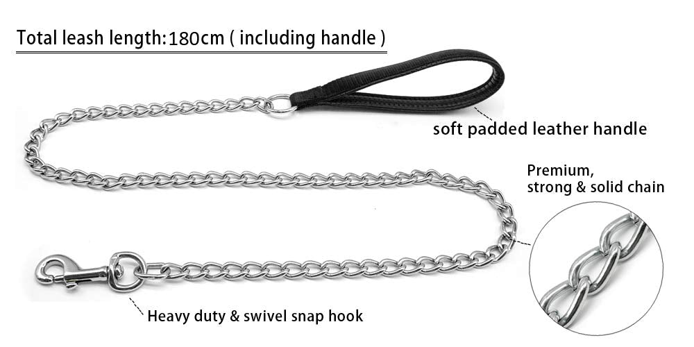 Beirui Premium 6 Foot Chain Heavy Duty Dog Leash - Soft Padded Handle Lead - Perfect Basic Leashes For Large & Medium Size Pets Walking,Traffic Training And Traveling (3.0Mm * 6 Foot, Black)