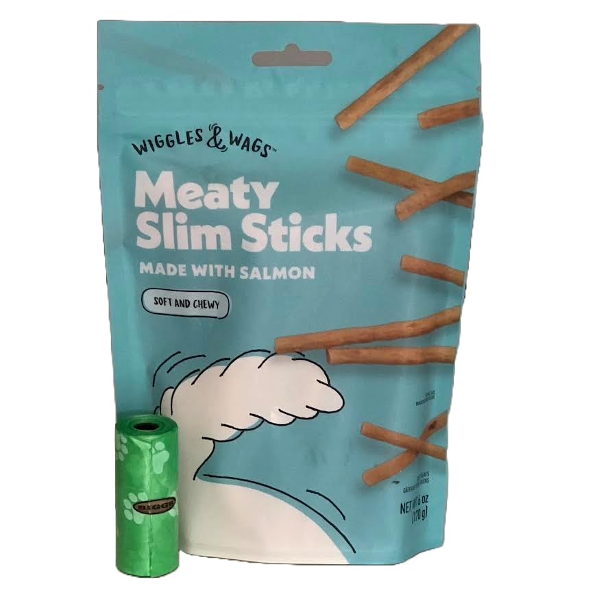 Wiggles & Wags Meaty Slim Sticks Made with Salmon Dog Treats. One Six Ounce Bag. One Biggs Dog Waste Roll.