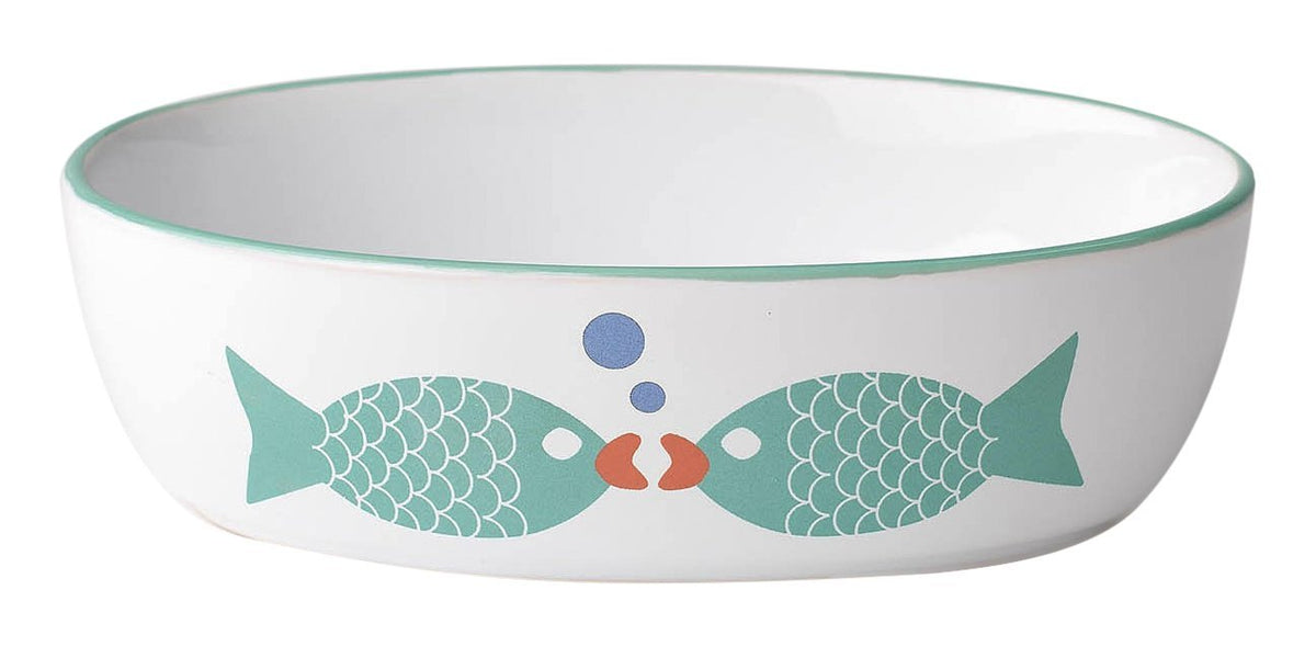 Petrageous 13057 Bubble Fish Oval Dishwasher-Safe Stoneware Cat Bowl 6.5-Inch Long 4-Inch Wide 2-Inch Tall 2-Cups Capacity For Small Cats Or Large Cats, White