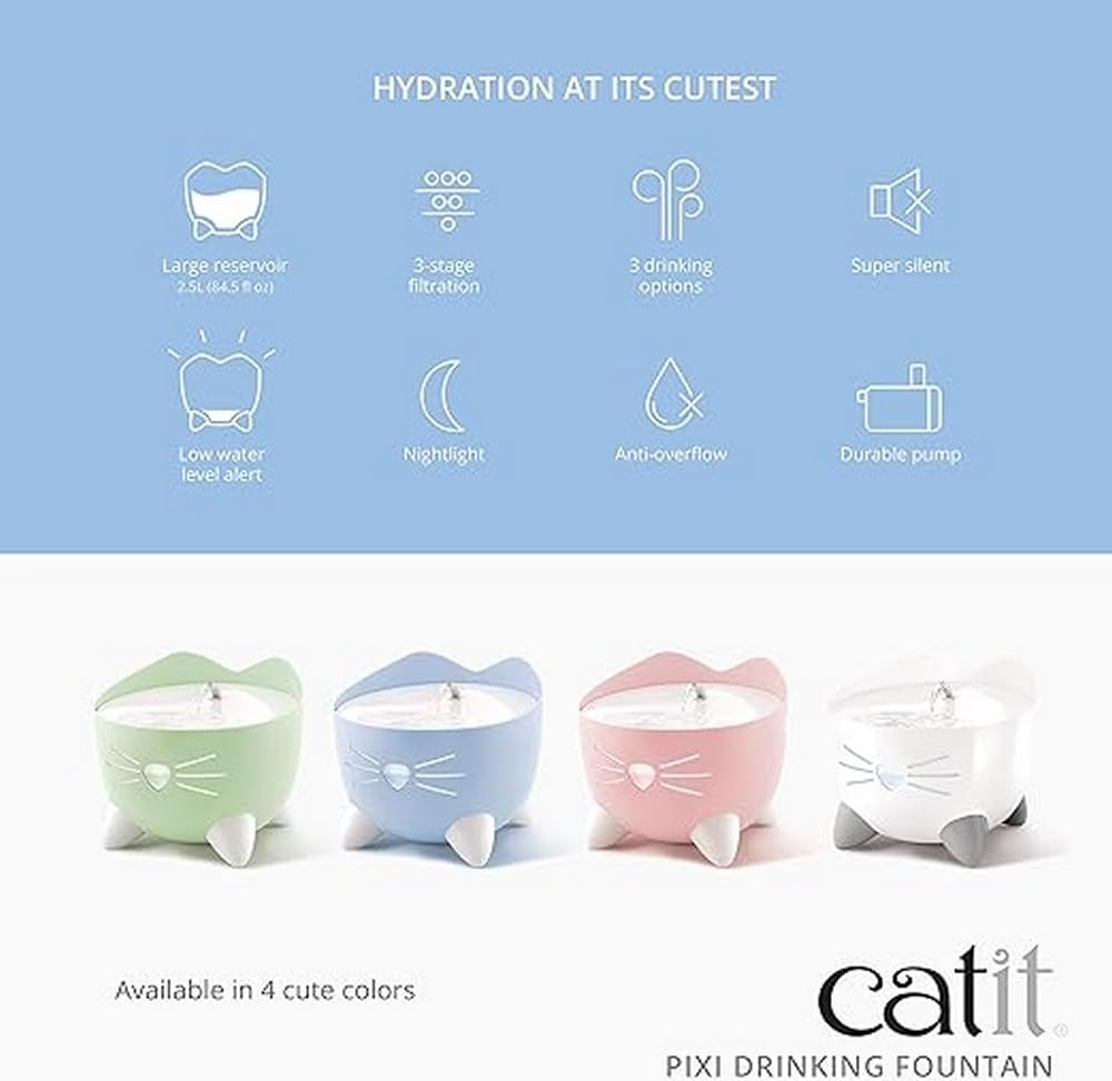 Catit Pixi Drinking Fountain - Cat Water Fountain With Triple Filter And Ergonomic Drinking Options, White