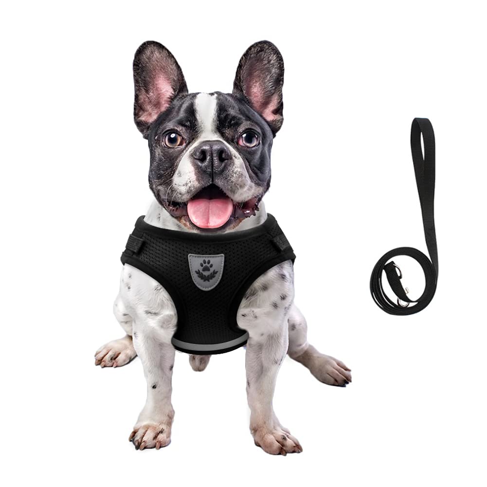 FEimaX Dog Harness and Leash Set for Walking, Soft Mesh Adjustable Easy Control Lightweight Cat Vest Harnesses with Reflective Strips, Escape Proof Small Dogs Cats Vests (Black, X-Large) -Like New
