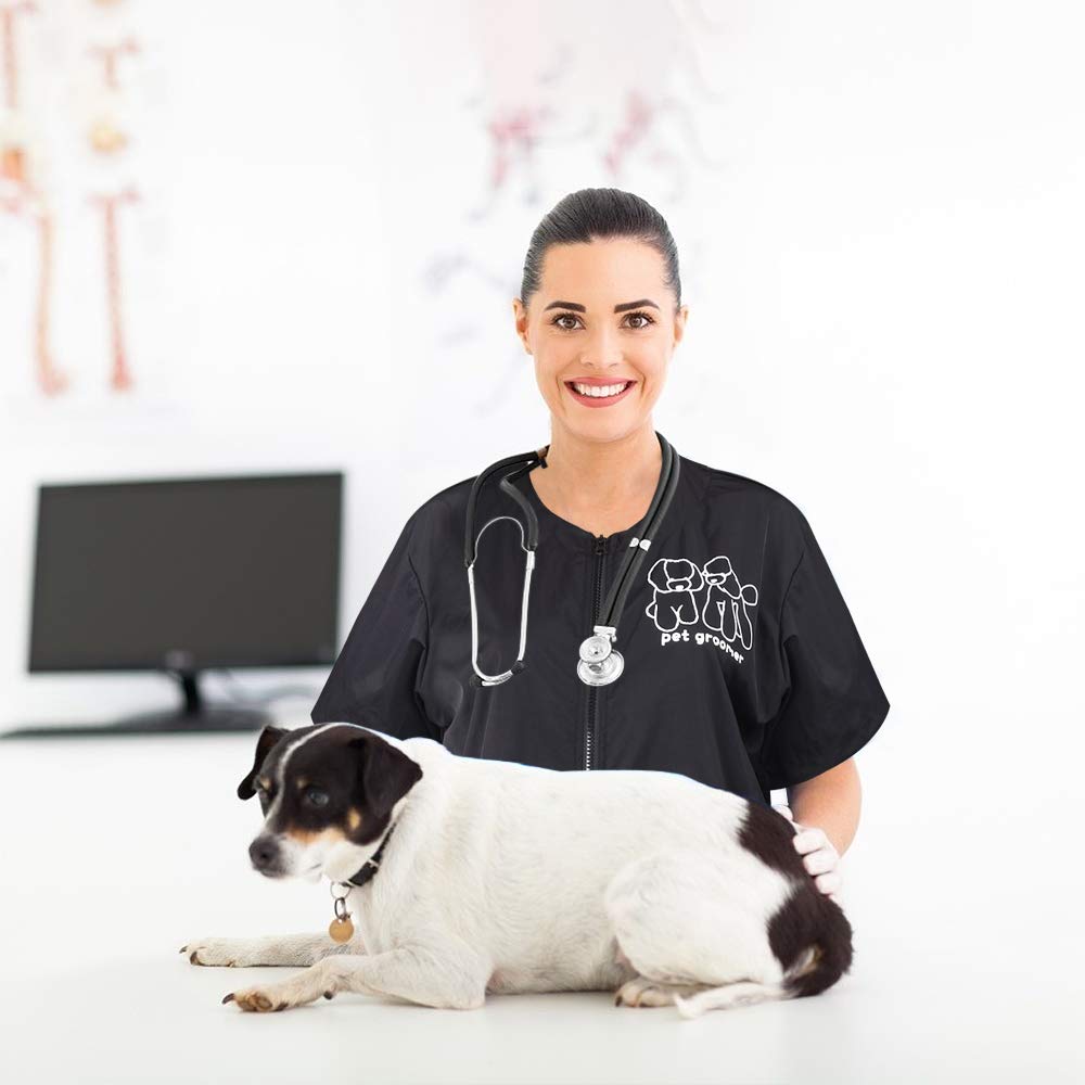 Noverlife Short Sleeves Pet Grooming Work Clothes With Full Zipper, M Size, Splash Proof Anti-Static Pet Beautician Smock, Dog Cat Groomer Cosmetologist Uniforms For Pet Shop Men Women