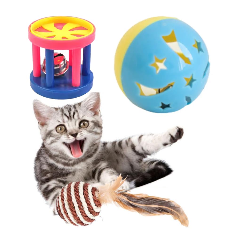 Cozy Puppies 3 Pcs Combo Cat Toy Value Pack Plastic Ball Cat Toys Lattice Balls With Bell Jingle Kitten Toy Sisal Rope Cat Ball 