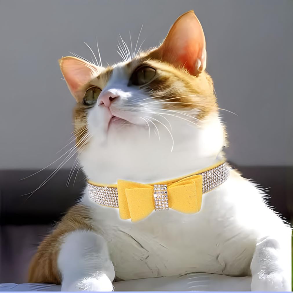 Yellow Rhinestone Dog Collar,Xs Puppy Collar, Diamond Bling Jewel Glitter Sparkly Bedazzled Pet Collars With Bow Adjustable For