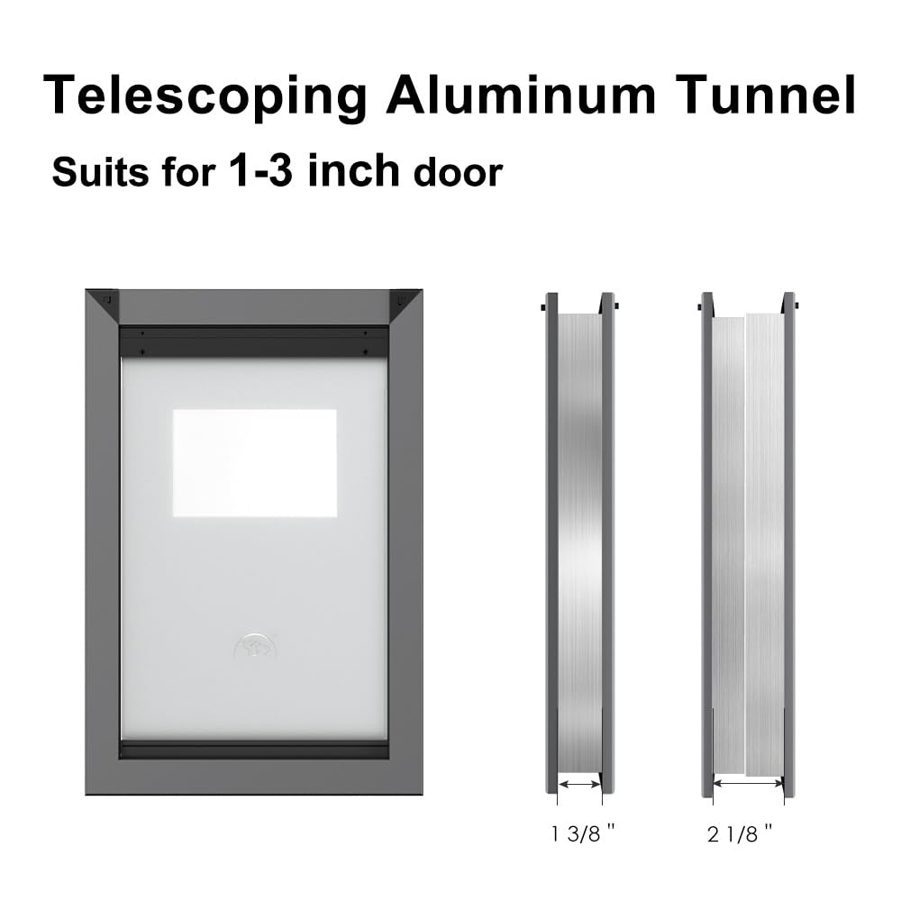 RESCUMASCER Aluminum Dog Door - Energy Efficient, Medium Size, Gray, with Telescoping Tunnel & Two Sliding Lock Panels - Model REMAL32-2S-2Gray