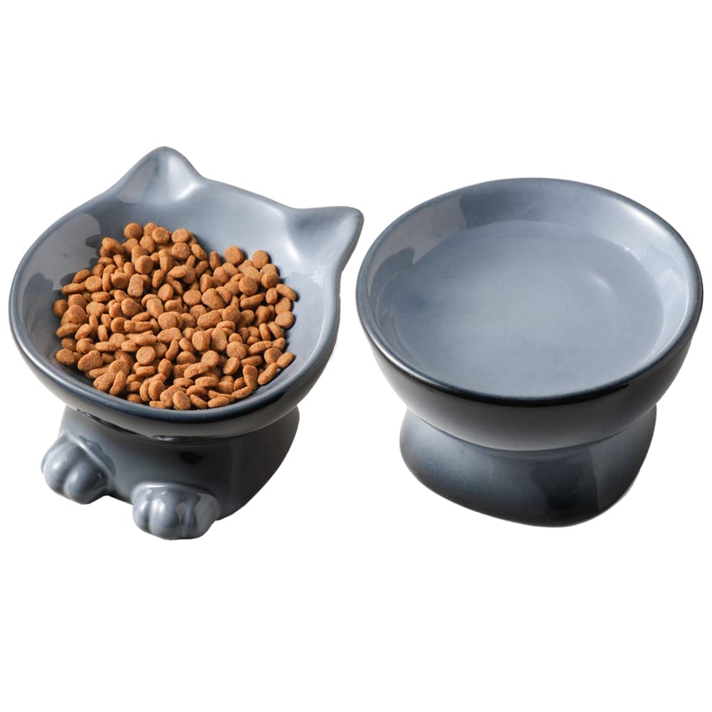 Nihow Ceramic Raised Cat & Dog Bowls: 5 Inch Elegant Gray (2 Pc), Protecting Pet'S Spine, Feeding & Watering Supplies, Modern De