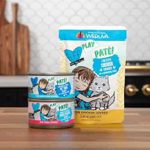 Weruva B.F.F. Play - Best Feline Friend Pat   Lovers, Aw Yeah!, Pat   Partay! Variety Pack, 3oz Pouch (Pack of 12)