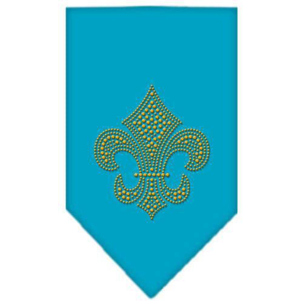 Pet and Dog Bandana Rhinestone, "GOLD Fleur De Lis" Turquoise Small
