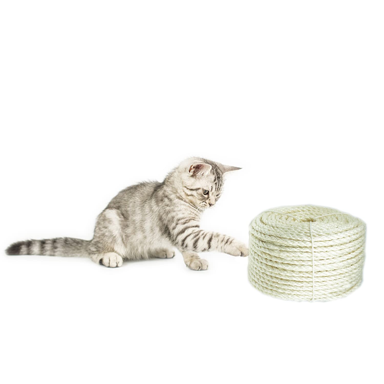 Treasborn Natural Sisal White Rope For Cat Scratcher Scratching Post Replacement 1/4 Inch Cat Tree Rope For Repairing, Recovering Or Diy Cat Scratcher 50/100/164 Feet