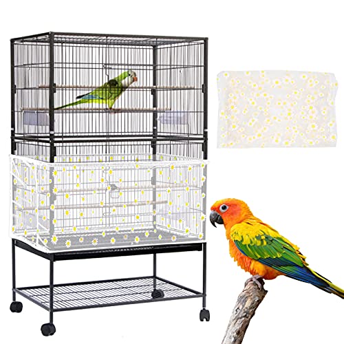 Daoeny Large Bird Cage Cover, Bird Cage Seed Catcher, Adjustable Soft Nylon Mesh Net With Daisy Pattern, Birdcage Cover Skirt Seed Guard For Parrot Parakeet Macaw Round Square Cages (White)